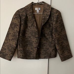 Talbots Brown/gold jacquard crop blazer with 3/4 sleeves
